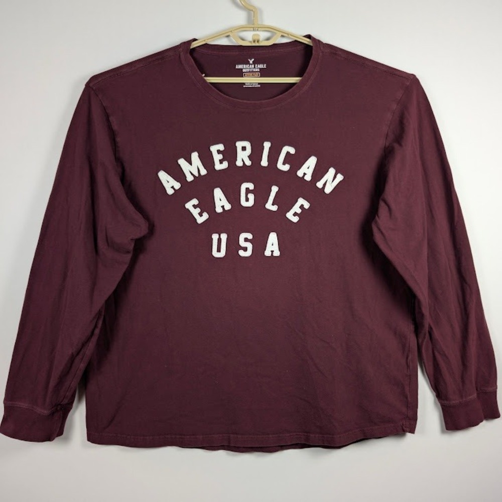 American Eagle T-shirt Mens XL Burgundy Long Sleeve USA Sewn-On Patch Logo